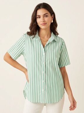 Women’s Striped Short-Sleeve Button-Up Shirt - Mint Green /White - Large